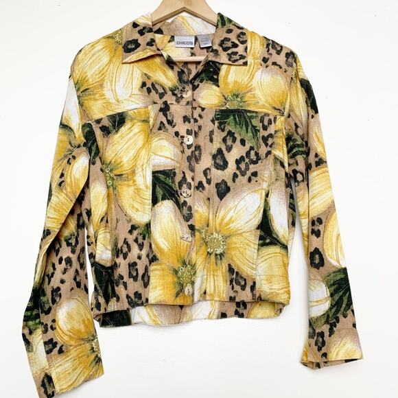 Chico’s Linen Sunflower Print Shirt Jacket Women's Size Small - Picture 1 of 7